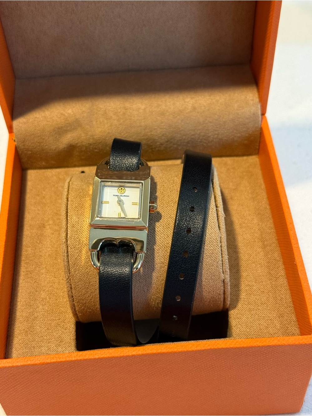 NIB Tory Burch Double T Link Reversible Black Leather Wrap Watch Gold Square